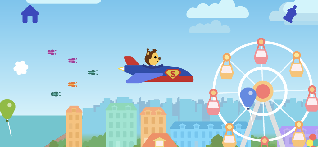 Airplane Games for Kids & Baby - A cartoon bear flying a superhero airplane over a city with a ferris wheel