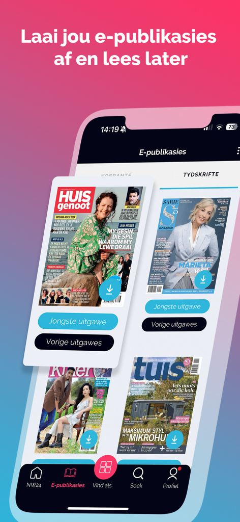 Netwerk24 app screen showing popular Afrikaans magazines available for download and offline reading