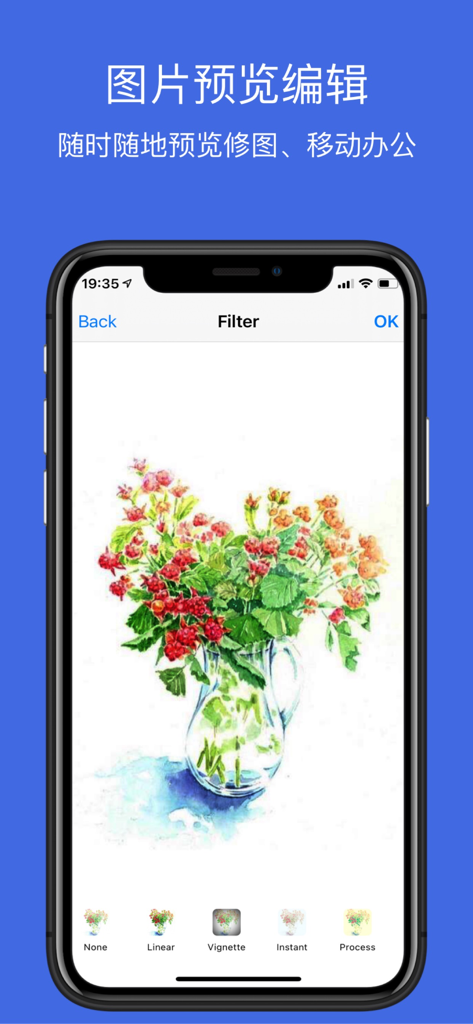 文件管理 - 文件管理器 - A screenshot of the File Manager app showing its built-in image editor with various photo filters like Vignette and Instant being applied to a drawing of flowers.