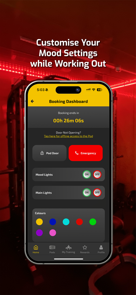 The Gym Pod - A smartphone screen showing The Gym Pod app booking dashboard with controls for mood lights and door access in a private gym.