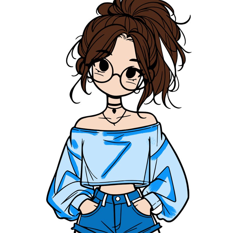 girl with a messy ponytail glasses a baggy crop top and jean shorts