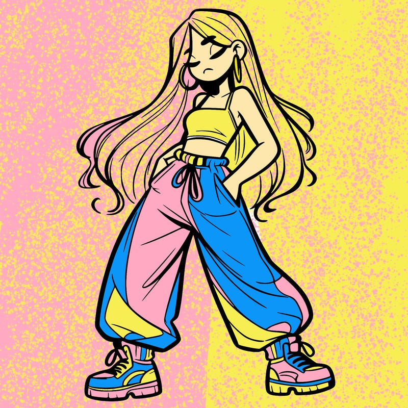 girl in baggy pants crop top and long hair