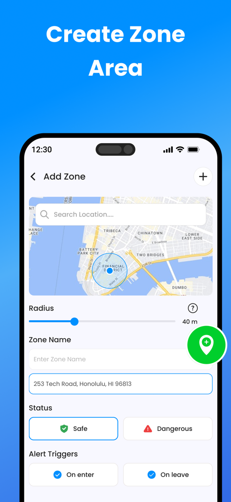 Find My Phone GPS Tracker interface showing how to create a geofence zone area with alerts for entering or leaving