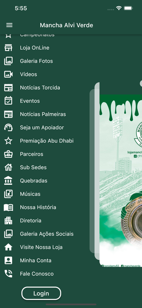 Side navigation menu of the Mancha Alvi Verde app featuring links to online store, gallery, news, and member login.