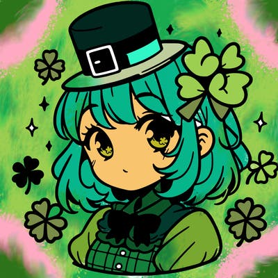 a manga-style girl with clovers around her, a little hat in her hair, like it's saint patrick's day