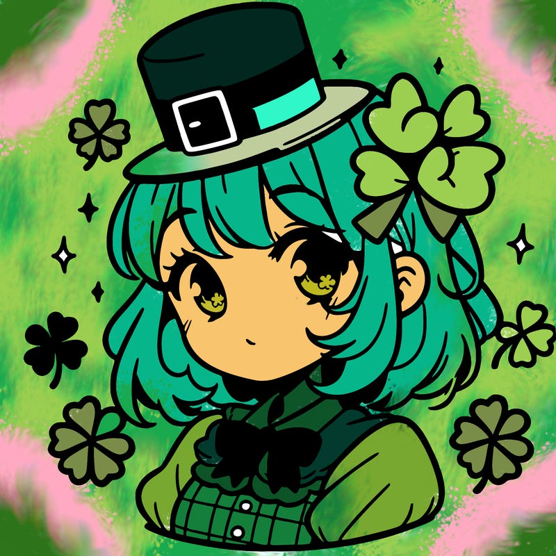 a manga-style girl with clovers around her, a little hat in her hair, like it's saint patrick's day