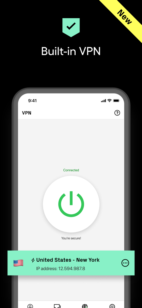 Burner: Second Phone Number - Burnerアプリのインターフェースのスクリーンショットで、ニューヨークのサーバーに接続された内蔵VPN機能が表示されています。
