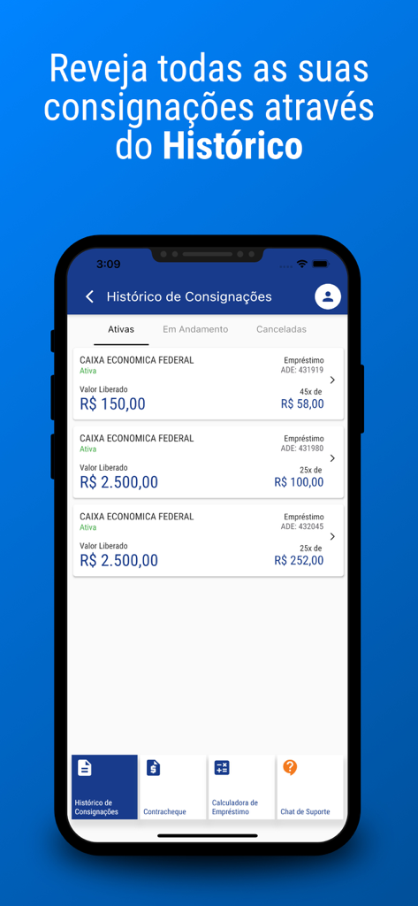 Pantalla de la app Sicon que muestra un historial de préstamos activos deducibles de nómina
