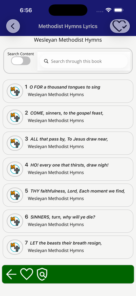 List of Wesleyan Methodist hymns in the Methodist Hymn Lyrics app with a search bar and numbered song titles.