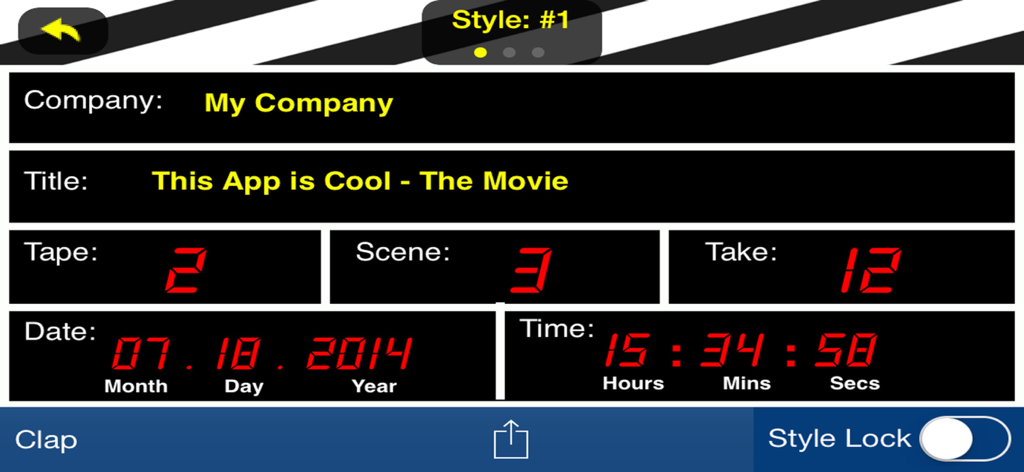My Studio Pro - Digital movie clapboard interface showing production details like scene and take numbers
