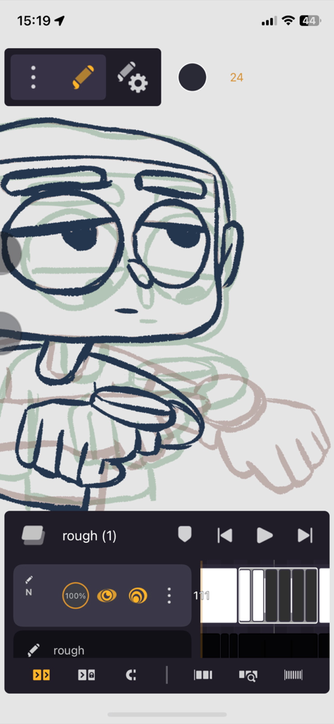 Callipeg mini: Animation App - Interface of Callipeg mini on iPhone showing a 2D hand drawn character with onion skinning and a timeline