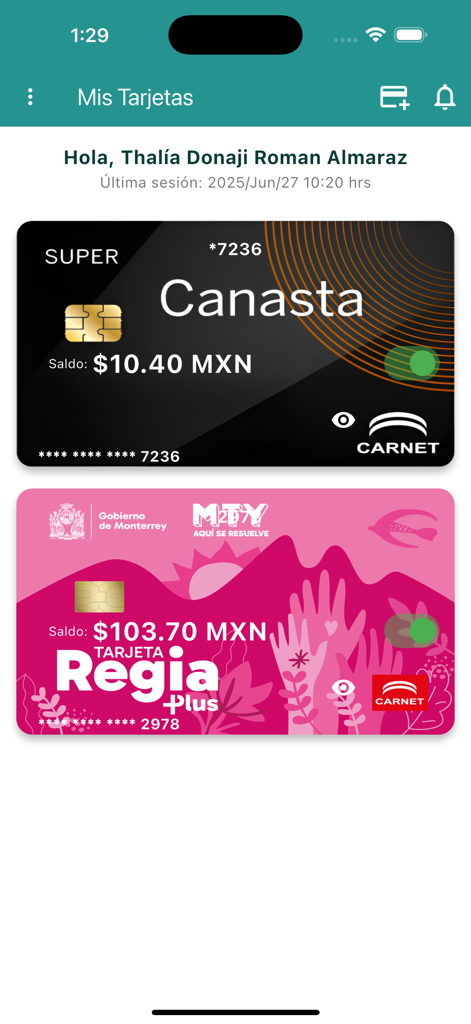 Pantalla de la aplicación Previvale que muestra dos tarjetas de beneficios mexicanas con saldos en MXN