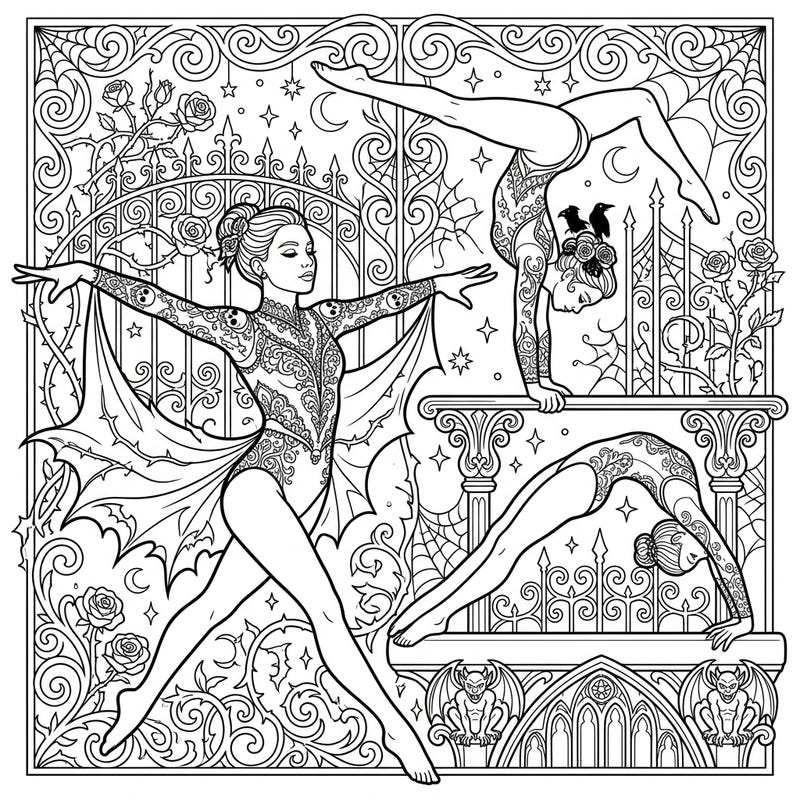 Step into a darkly elegant world with this unique Gothic gymnasts coloring page, perfect for artistic teens. Explore dynamic poses amidst ornate Victorian-inspired patterns and mysterious details.