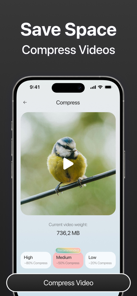 Interfaz de la aplicación Wipely que muestra opciones de compresión de video para ahorrar espacio de almacenamiento