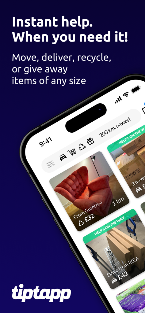 Tiptapp mobile app interface displaying on-demand furniture delivery and recycling listings.