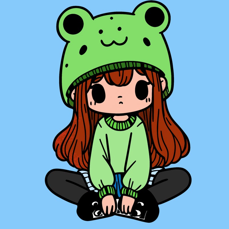 a girl wearing a frog hat and some frog socks