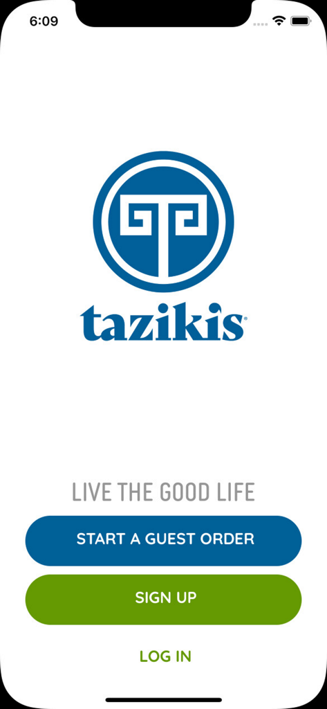 Schermata di benvenuto dell'app mobile Taziki's Cafe con pulsanti per ordinare come ospite e per registrarsi.