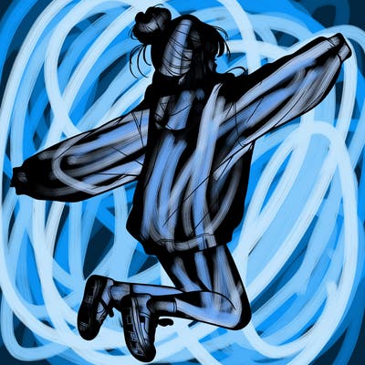 realistic girl jumping with a bun and oversized sweatshirt