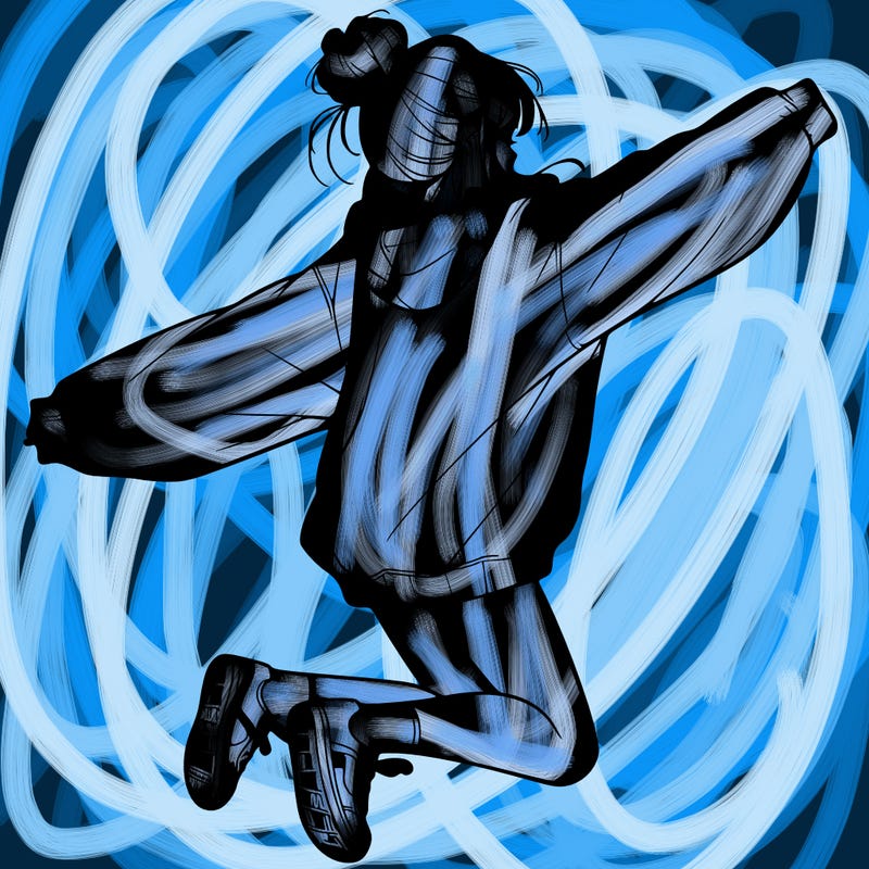 realistic girl jumping with a bun and oversized sweatshirt