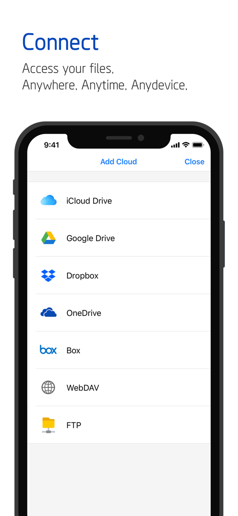 Polaris Office app screen showing cloud storage connection options including Google Drive Dropbox and OneDrive