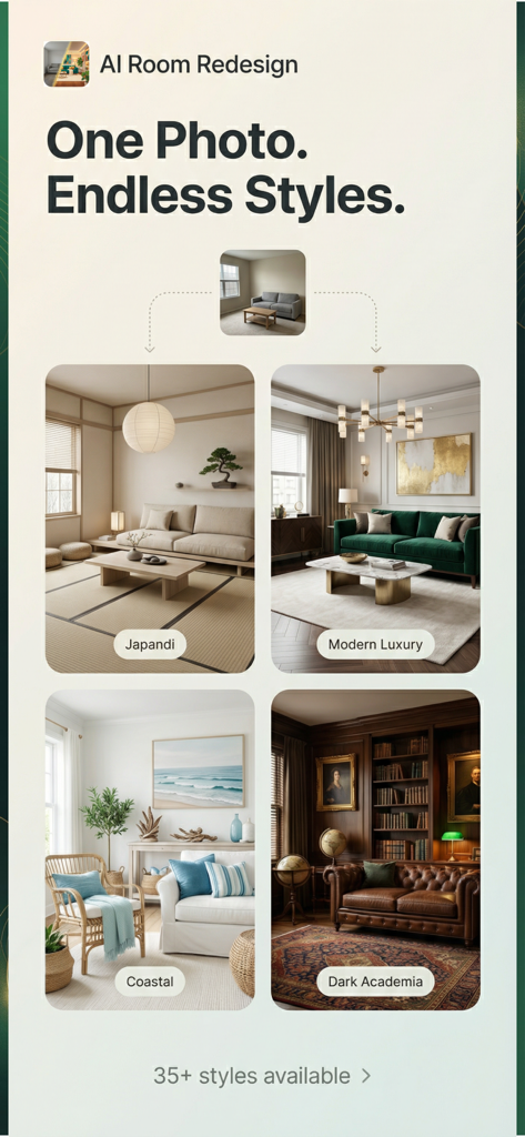 AI Room Design: Home Redesign - Una comparación que muestra una foto de sala de estar transformada en cuatro estilos de diseño de interiores diferentes como Japandi y Modern Luxury usando IA