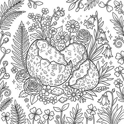 Embark on a prehistoric journey merged with the beauty of spring with this captivating coloring page featuring intricate dinosaur eggshells. This unique design offers a delightful challenge for colorists of all ages.