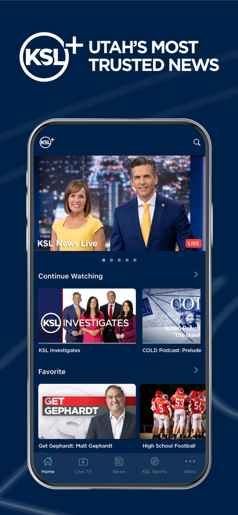 KSL+ - Pantalla de inicio de la aplicación móvil KSL+ mostrando noticias en vivo y categorías de contenido local de Utah como informes de investigación y deportes.