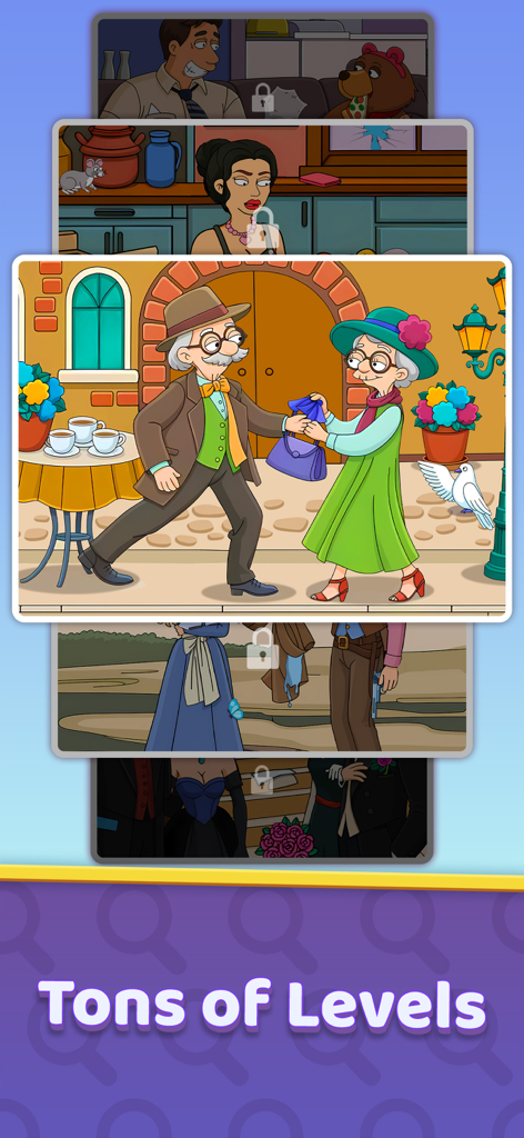 Una pila de ilustraciones de niveles de rompecabezas de dibujos animados que presentan varias escenas con el texto "Toneladas de niveles".