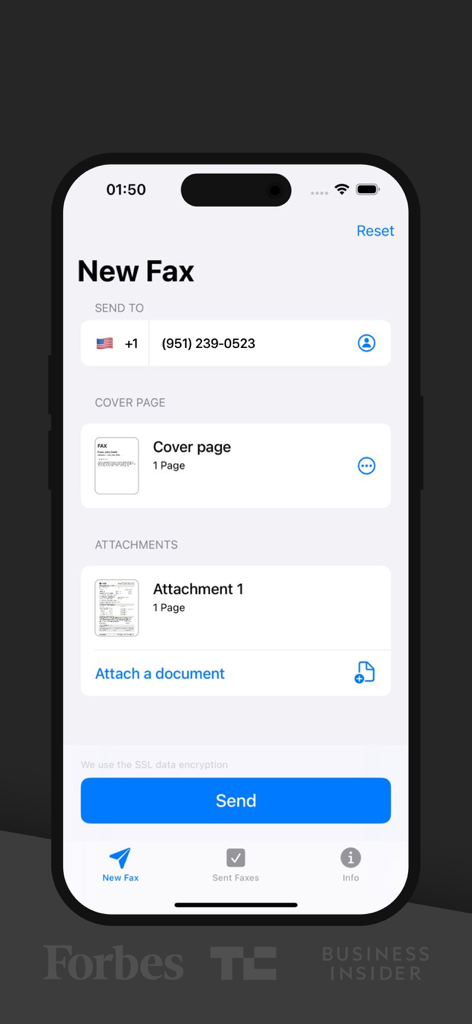 Pantalla de la aplicación para iPhone para enviar un nuevo fax con página de presentación y archivos adjuntos