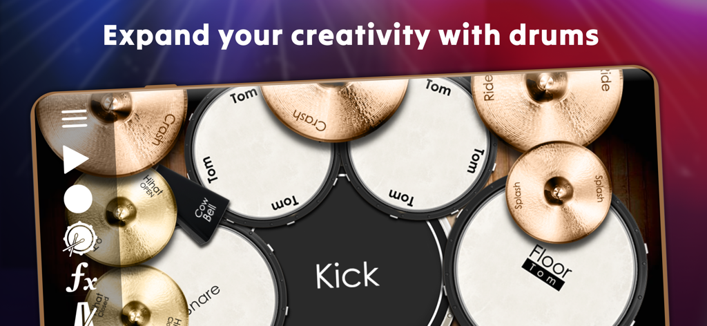 Drum Solo Studio - Interfaz de la aplicación Drum Solo Studio que muestra un kit de batería acústico virtual con múltiples pads y platillos