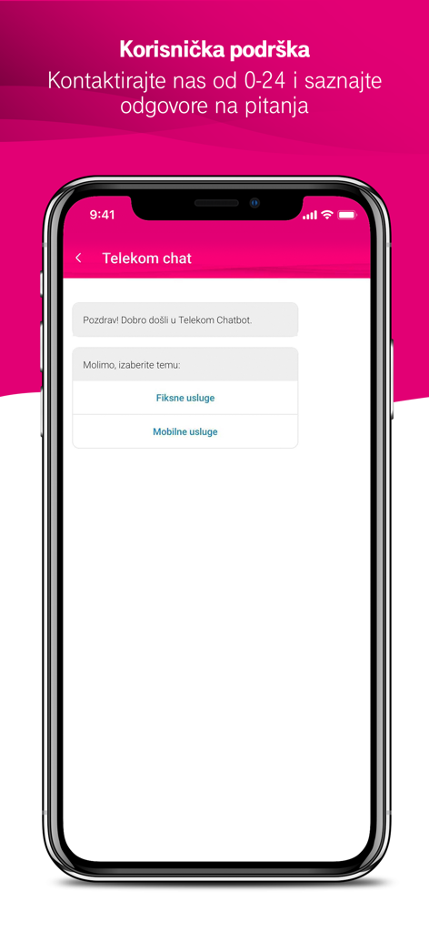 Smartphone screen displaying the 24/7 chatbot for customer support in the Moj Telekom HR app