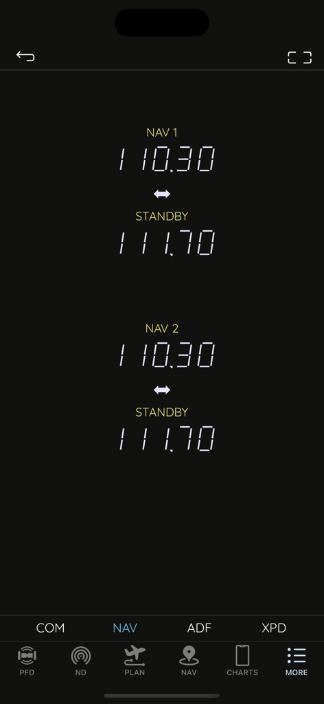 AirTrack NG navigation radio interface displaying active and standby frequencies for flight simulation
