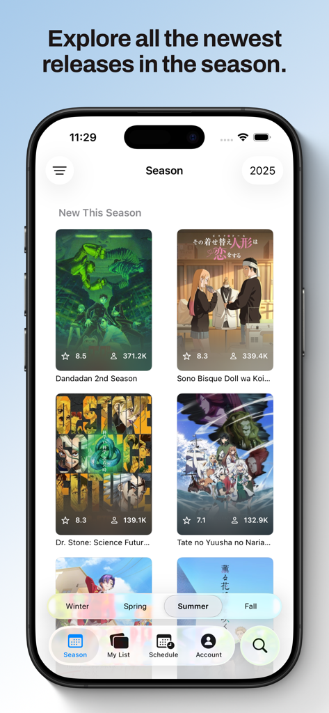 Kitsune for MyAnimeList - Interface of the Kitsune app showing a grid of new seasonal anime releases for 2025 with ratings and tracking statistics.