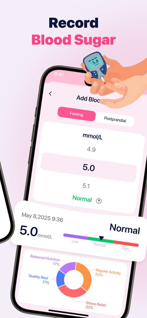 Health Keeper: Pulse Monitor - Health Keeper app screen showing blood sugar measurement input and daily health activity chart
