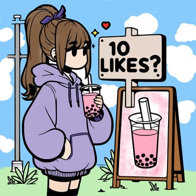 girl with oversized hoodie drinking boba and she has a high ponytail with a sign that says 10likes?