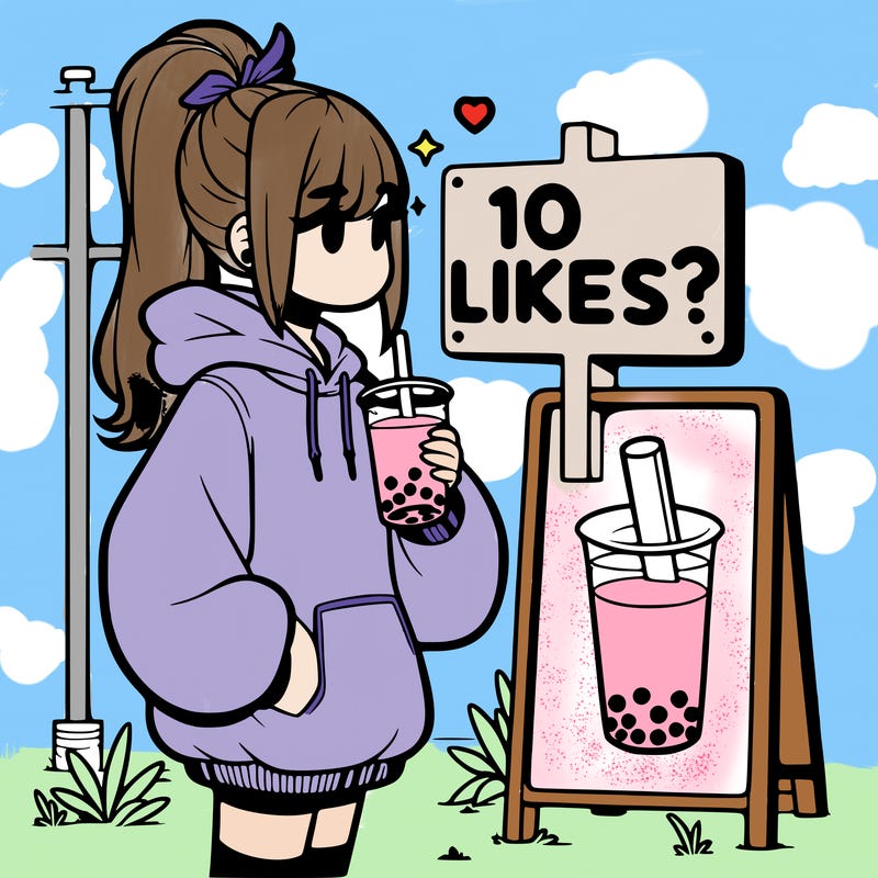 girl with oversized hoodie drinking boba and she has a high ponytail with a sign that says 10likes?