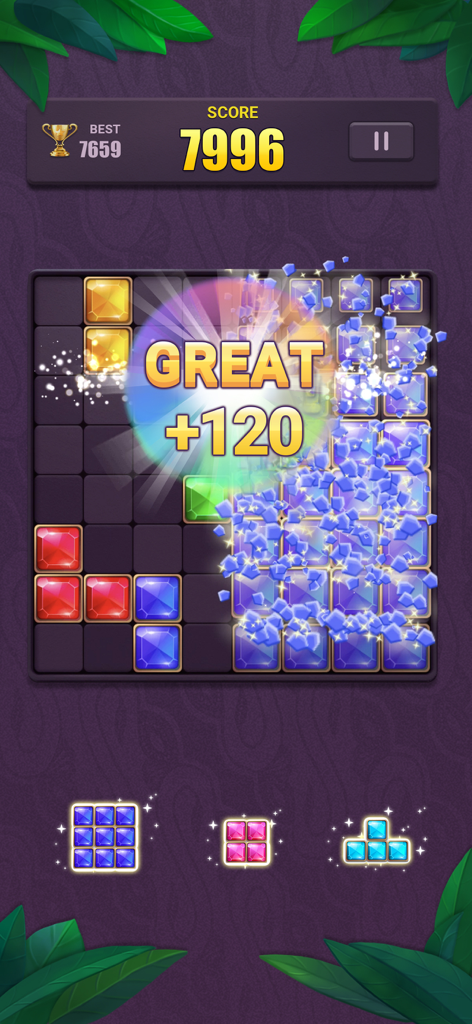 Block Puzzle: Jewel Blast - Gameplay screen of Block Puzzle Jewel Blast showing colorful gem blocks and a score bonus