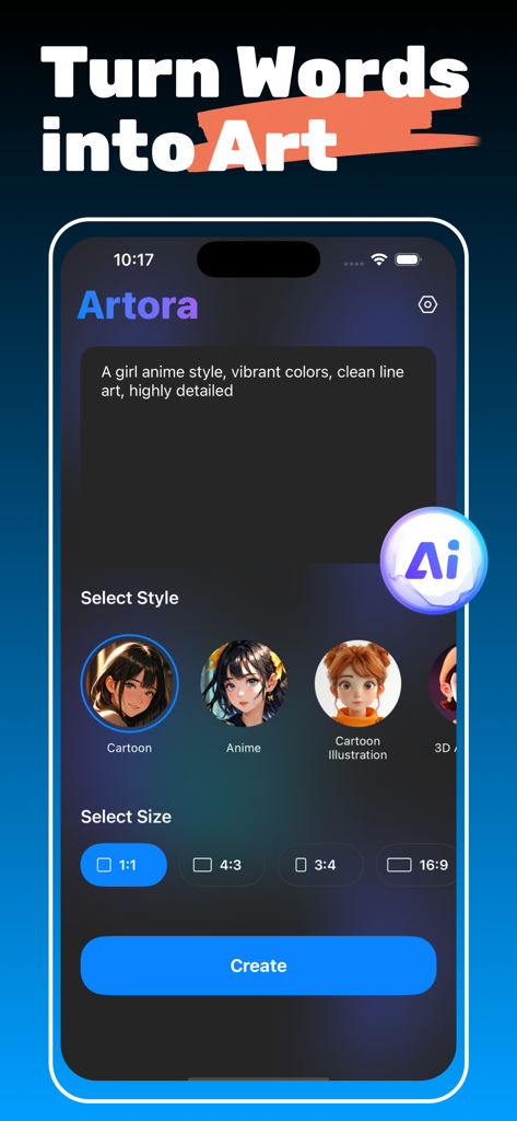 Flux Kontext-AI Art Generator - Flux Kontext AI Art Generatorアプリのインターフェースに、アニメスタイルの女の子のテキストプロンプトとスタイルの選択オプションが表示されている