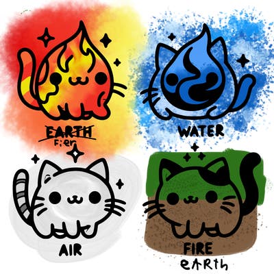 4 cats that represent the different elements, earth, water, air, and fire
