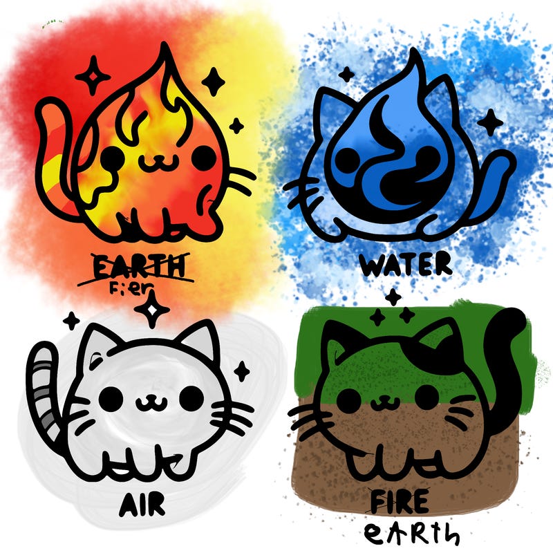 4 cats that represent the different elements, earth, water, air, and fire