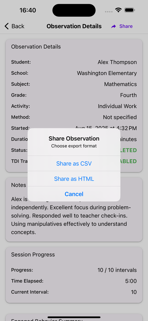 Behavior Observation: BOSS - A screenshot of the BOSS app observation details screen with a share menu offering CSV and HTML export formats.