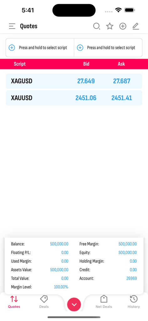 BBCorp iTrader - BBCorp iTrader interface displaying real-time quotes for gold and silver with account financial standing details