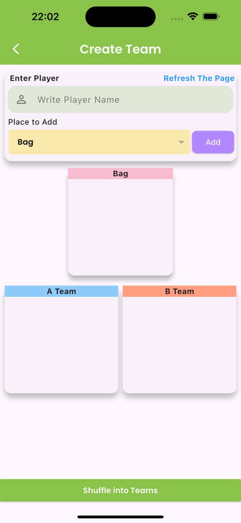 Halı Saha Kadro - Interface of the soccer squad app showing the create team screen with player input and shuffle options
