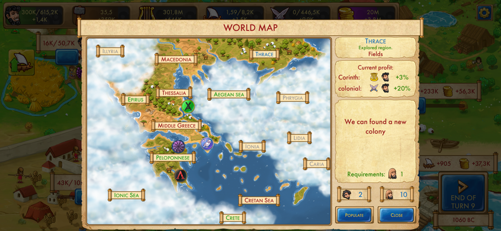 Strategic world map of ancient Greece in Marble Age Remastered showing various regions and colonization options.