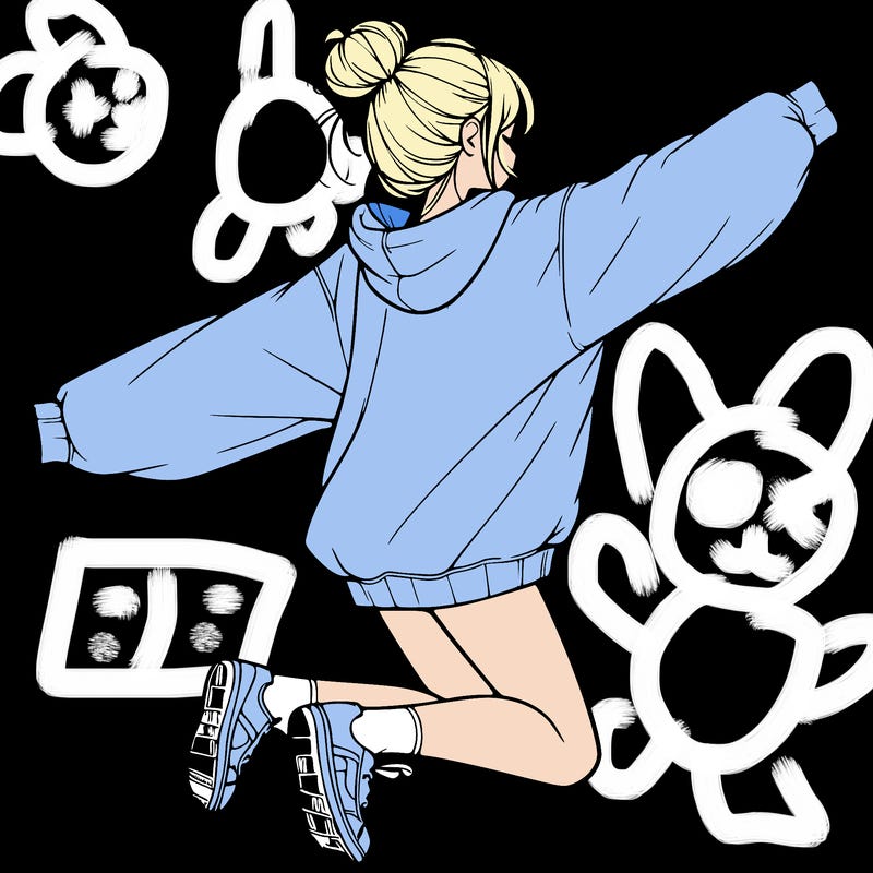 realistic girl jumping with a bun and oversized sweatshirt