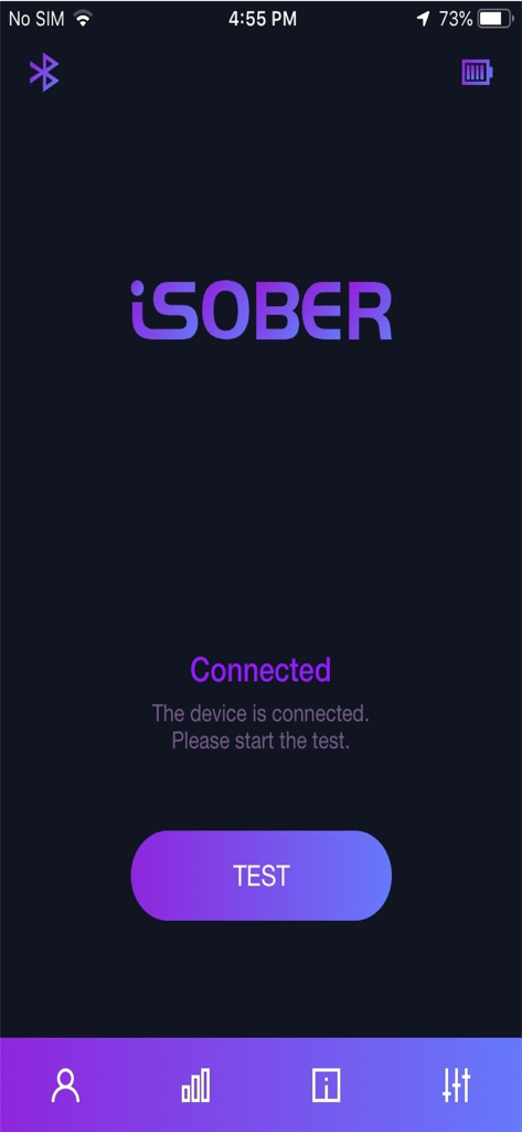 i-SOBER mobile app screen showing connected status and test button