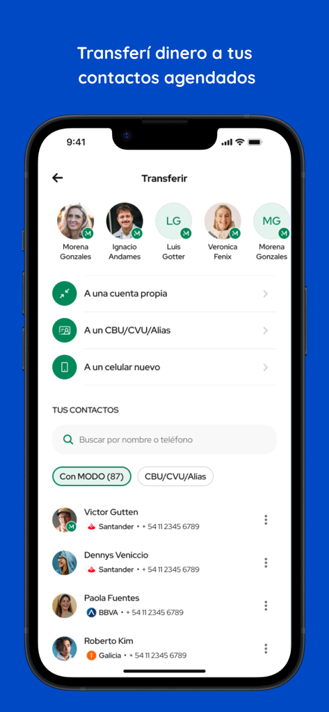 MODO app interface showing the transfer screen to send money directly to phone contacts with bank account integration