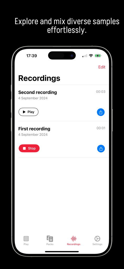 Recording list interface in the Beat Maker app showing saved music tracks and sharing options.