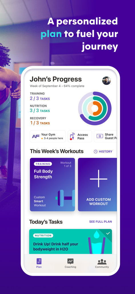 AF App - Dashboard mit personalisiertem Trainings- und Ernährungsplan in der Anytime Fitness App