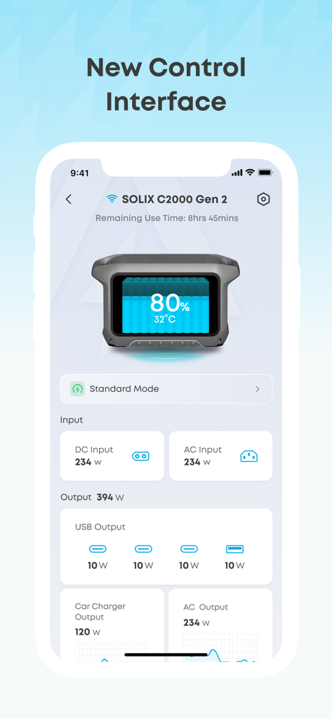 Anker SOLIX C2000 Gen 2 app control interface showing battery percentage and power input and output monitoring